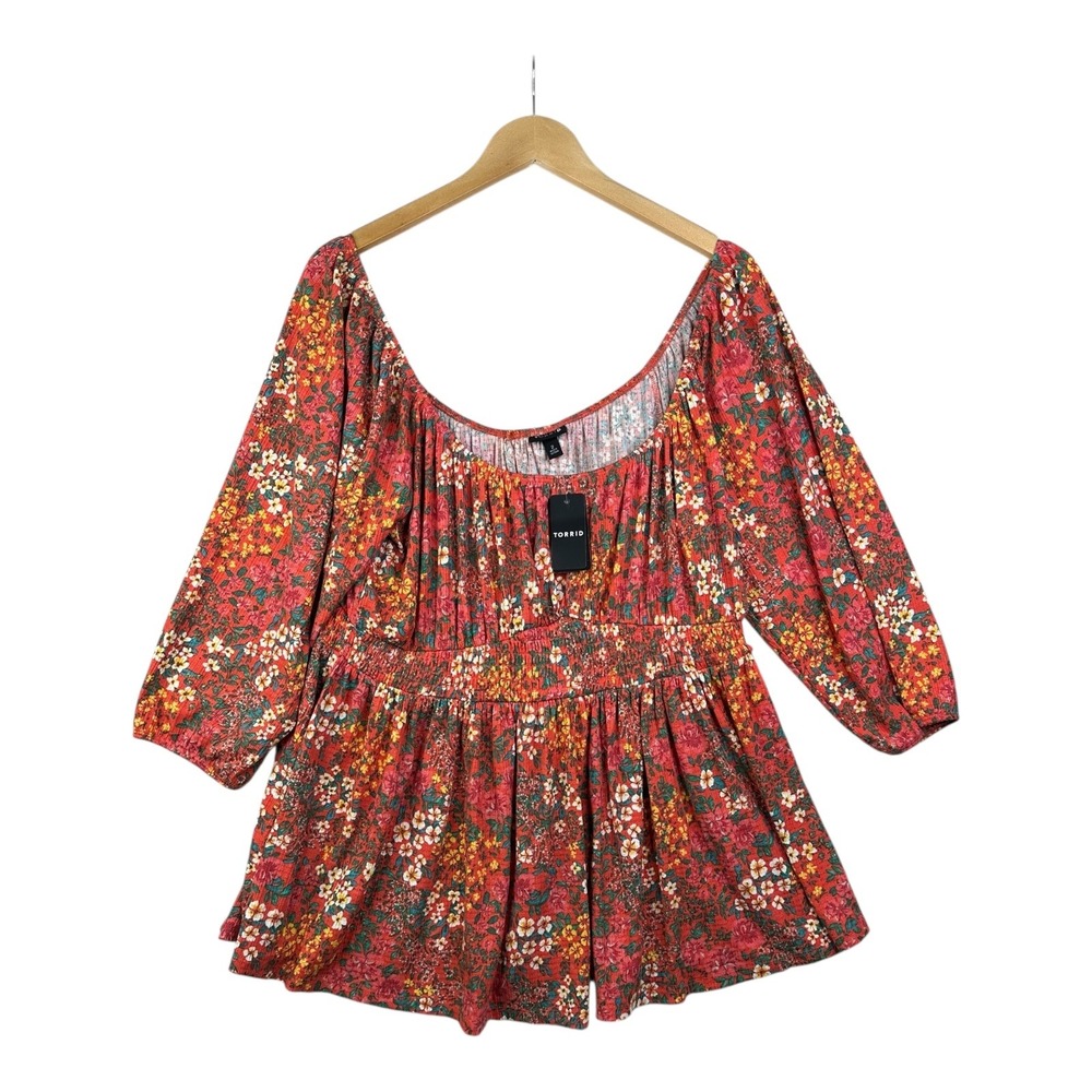 New Torrid Floral Print Smocked Romantic Textured Jersey Top size 2X Orange